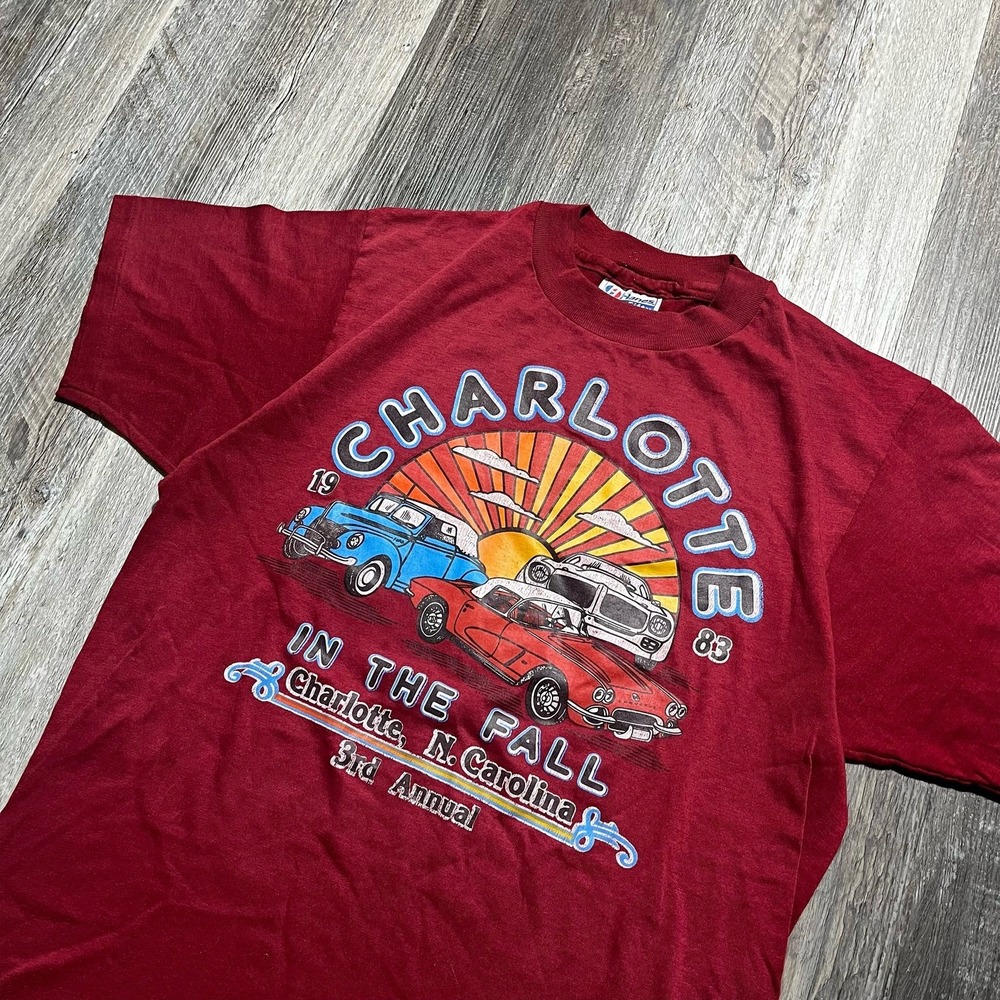 Vintage 80s Maroon 1983 Charlotte In The Fall 3rd Annual Car Show Graphic Tee